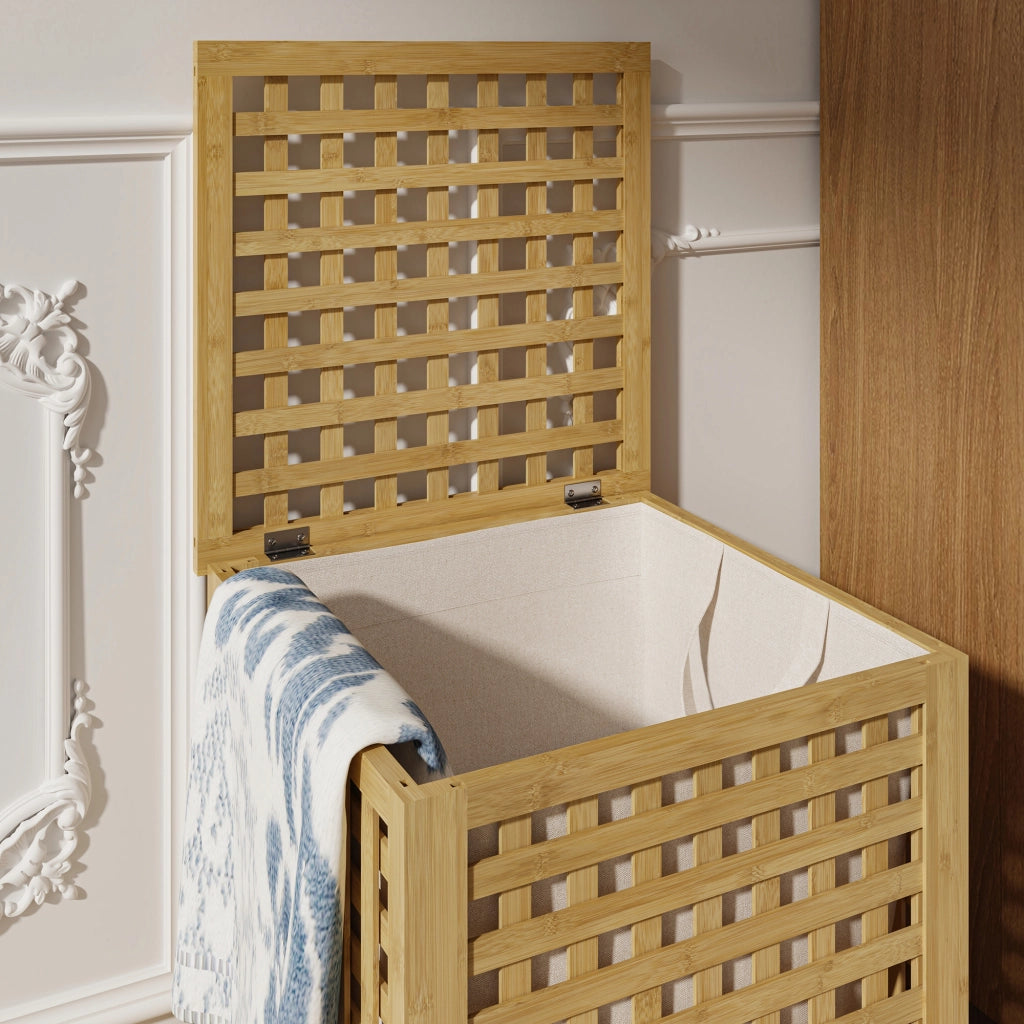 Mobile Portabiancheria Jystiand in Bambù con Coperchio Ribaltabile 62x45x45 cm 79 L [en.casa]