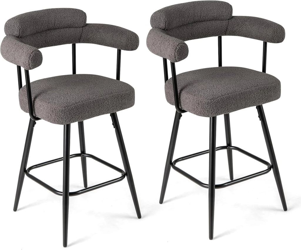 Set di 2 Sgabelli da Bar Girevoli, Sedie Imbottite in Boucle con Schienale, Braccioli Curvi, Gambe in Metallo e Poggiapiedi, Portata 150 kg, per Isola Cucina, Caffè e Pub (Grigio)