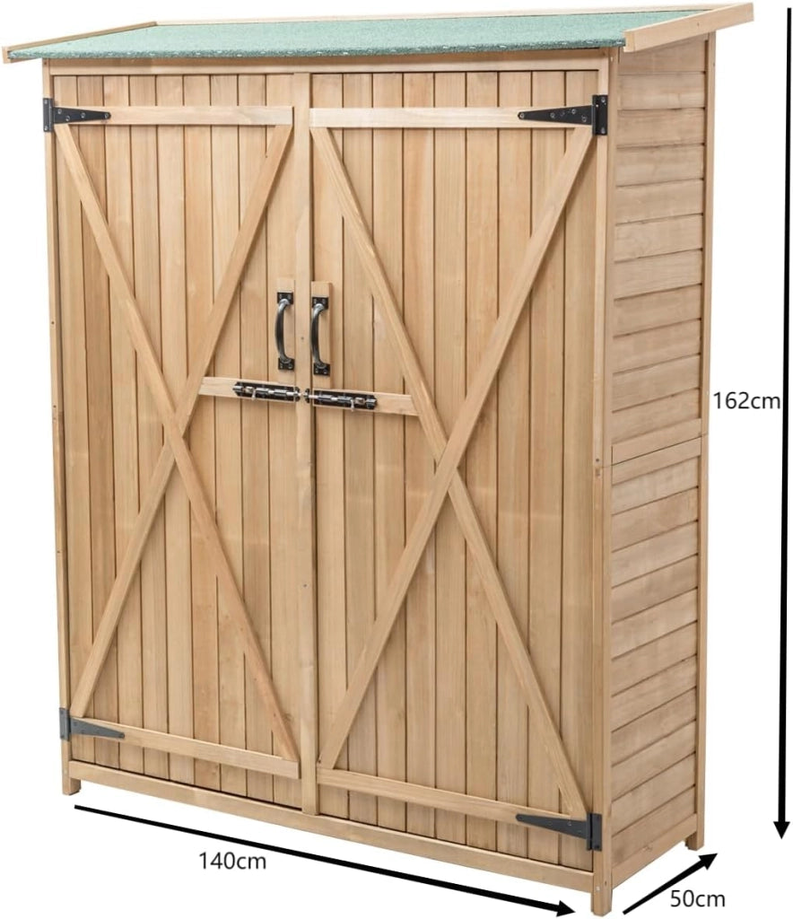 Armadio da giardino in legno, 140 x 50 x 162 cm, con 2 ripiani e 1 armadio, resistente alle intemperie, con ante bloccabili, armadietto degli attrezzi per terrazza, balcone
