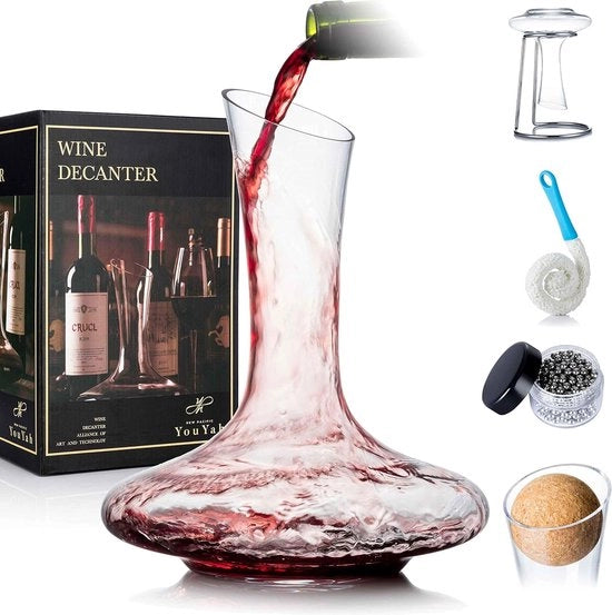 Caraffa da vino con scomparto per asciugatura e accessori | Vetro cristallo soffiato a mano | Regalo di vino