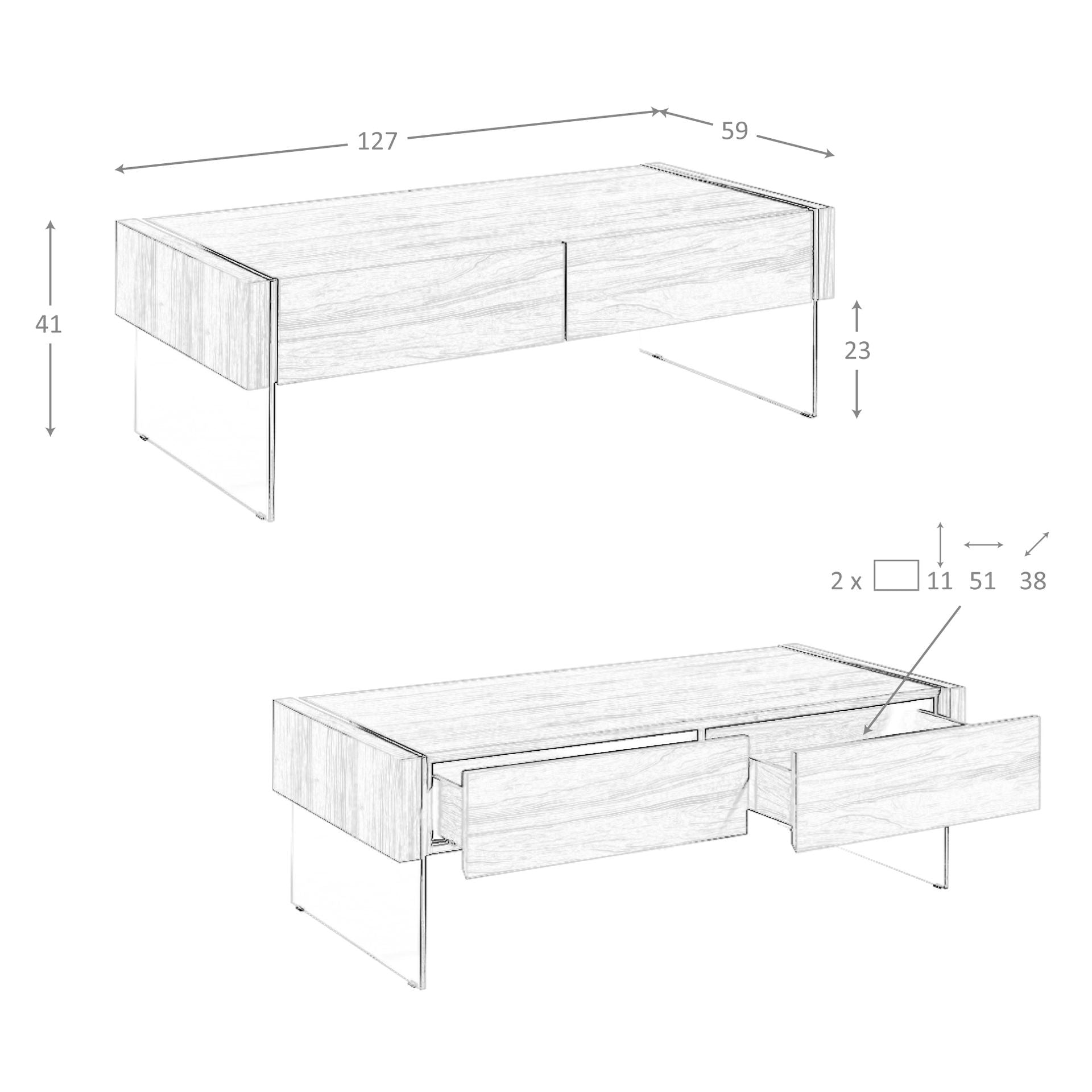 Tavolino rettangolare in noce e vetro temperato