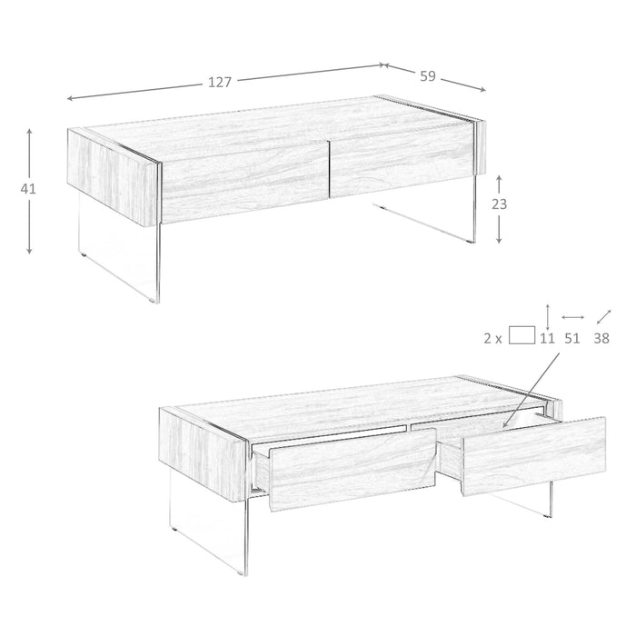 Tavolino rettangolare in noce e vetro temperato