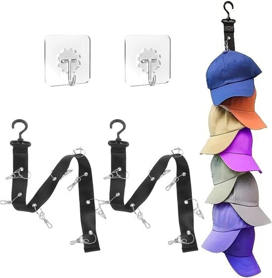 Pacco di 2 Orecchioni Autoadesivi Multifunzionali per Organizzare Cappelli Sciarpe Borse Asciugamani Abiti Cinture con Ganci di Appoggio Nero.