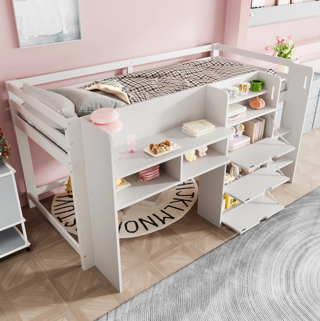 Letto rialzato per bambini 90x200 cm con contenitore bianco