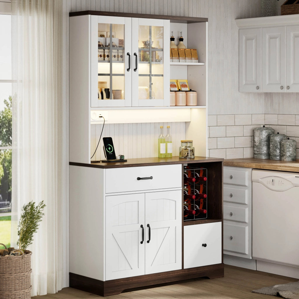 Credenza da cucina vintage con LED RGB, prese USB/AC, ripiani regolabili e cassetti, 105x40x185 cm