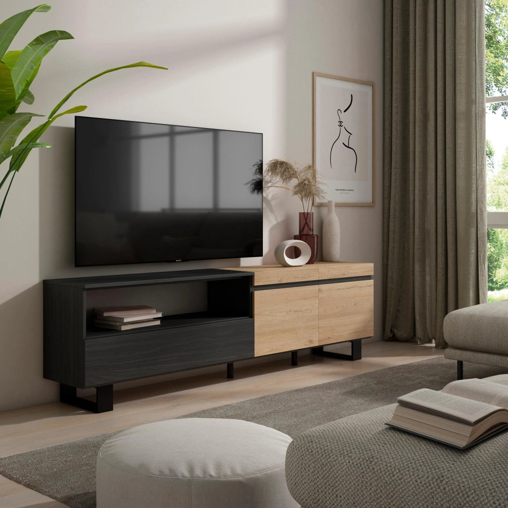 Mobile TV, 200x35x57cm, soggiorno, Per TV fino a 80", Design industriale, colore Rovere e nero RF2251