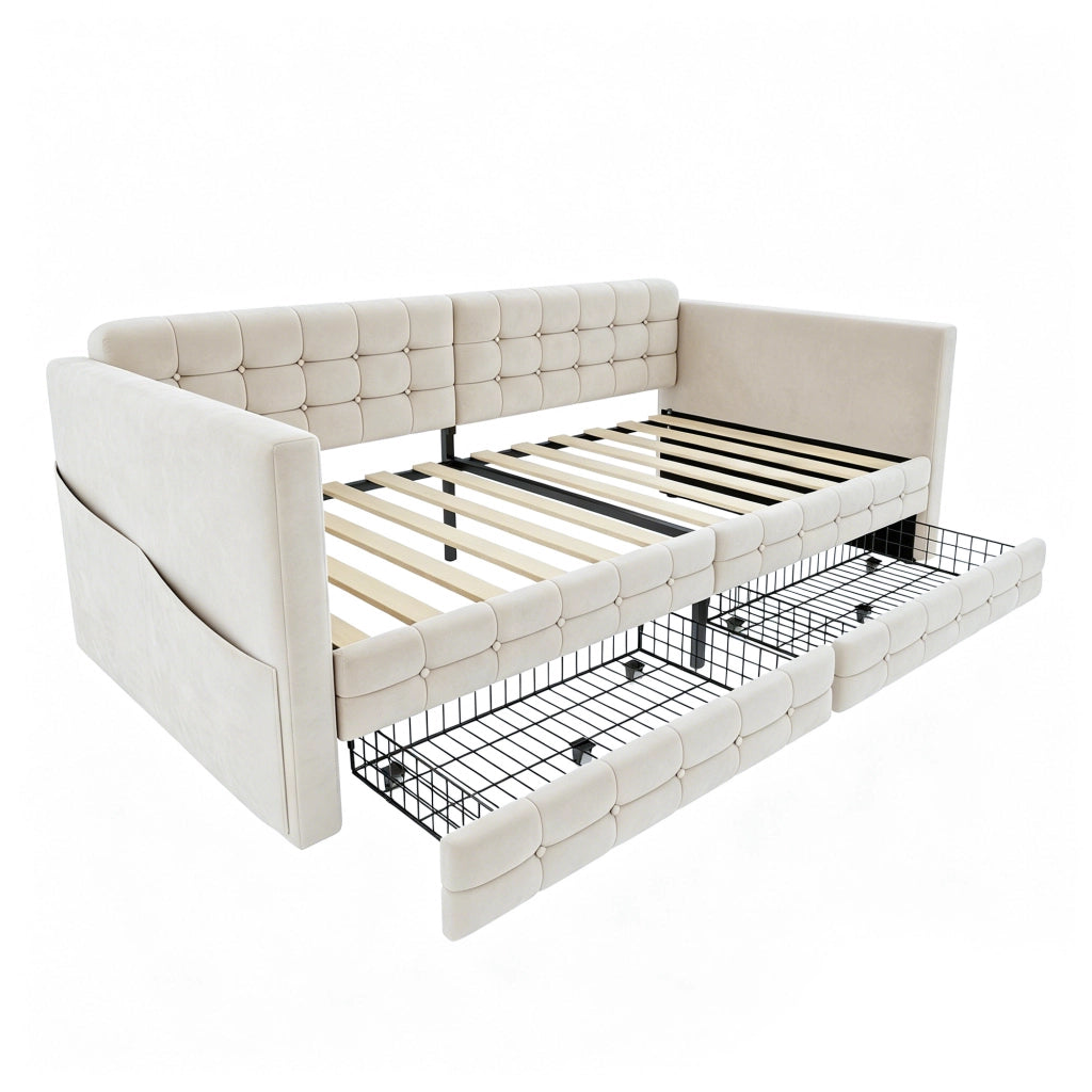 Letto panchina imbottito con 2 cassetti e tasche laterali LEMONMAX; 90x190 cm; sommier a doghe; velluto; beige