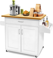 Carrello da cucina bianco con ruote e piano di lavoro, carrello da cucina, isola in legno, con portasciugamani e portaspezie, mobile da cucina, carrello da cucina, 115 x 90 x 36 cm