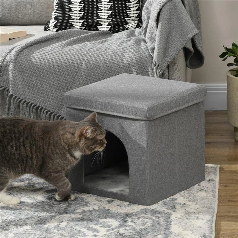 CASETTA PER GATTI PIEGHEVOLE A CUBO CON CUSCINO E TAPPETINO TIRAGRAFFI, 36.5X36.5X36.5 CM, GRIGIO