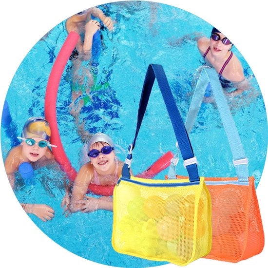Set di due reti per la raccolta di giocattoli, asciugamani da spiaggia, borse da trasporto, raccolta di conchiglie per bambini e accessori da bagno per ragazzi e ragazze, giallo + blu (oggetti non inclusi).