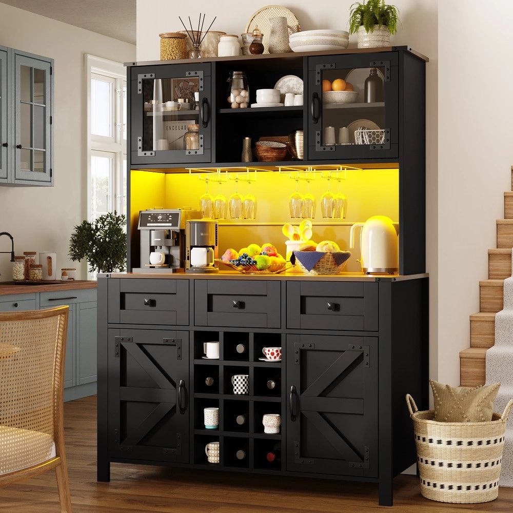 Credenza Alta con LED, USB e Prese ¨C Xylo ¨C 4 Ante, 3 Cassetti, Nero, 120x40x170