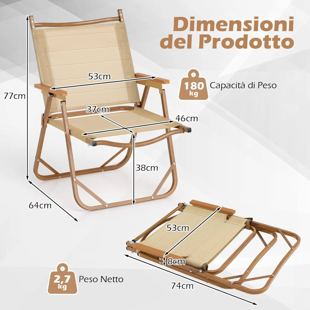 Set di 2 Sedie da Campeggio Pieghevoli, Sedie da Spiaggia Leggere con Telaio in Alluminio, Sedie da Giardino Portatili con Braccioli per Esterni, Portata 180 kg