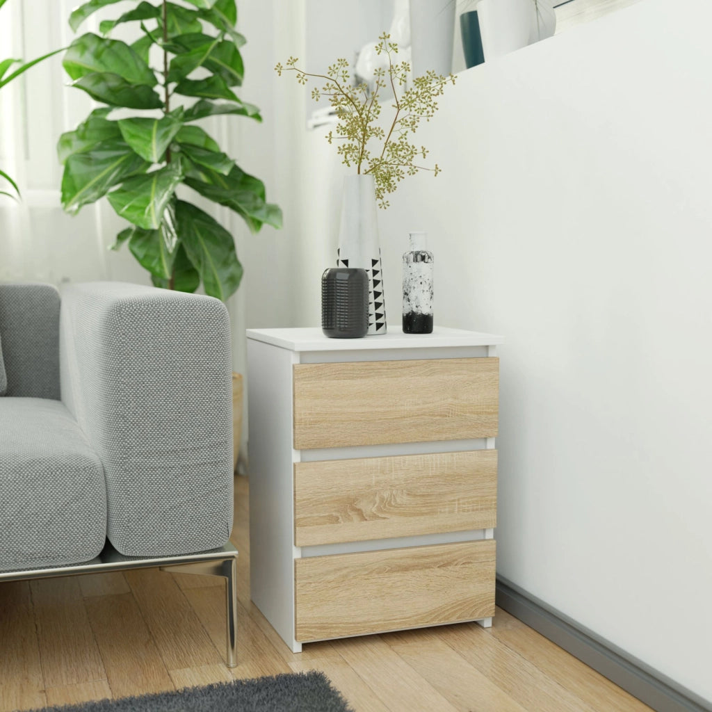 Comodino AKORD CL3 Bianca 40 cm 3 cassetti inserto frontale Sonoma Quercia 40x35x57 cm