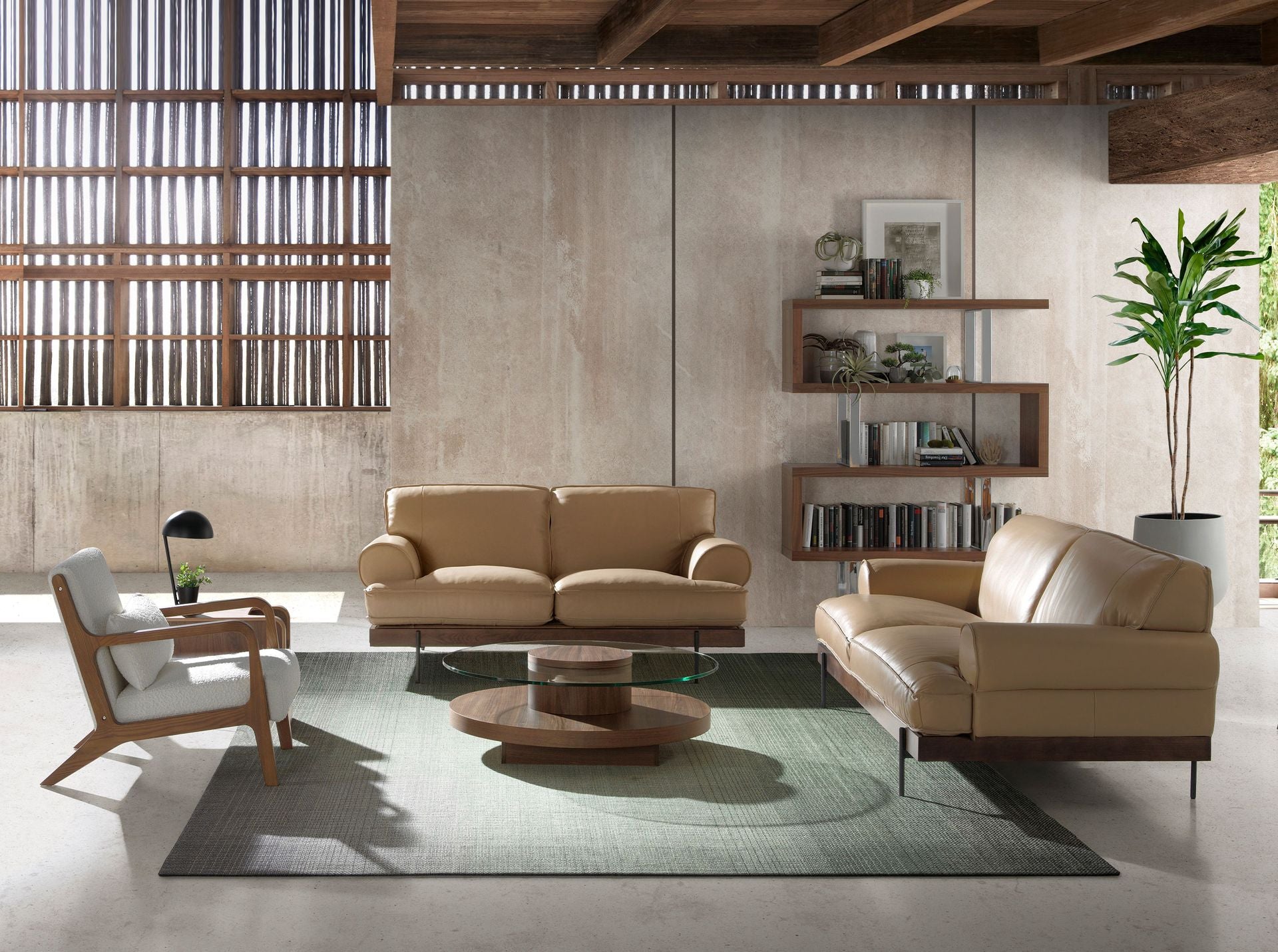 Tavolino rotondo in vetro temperato e noce