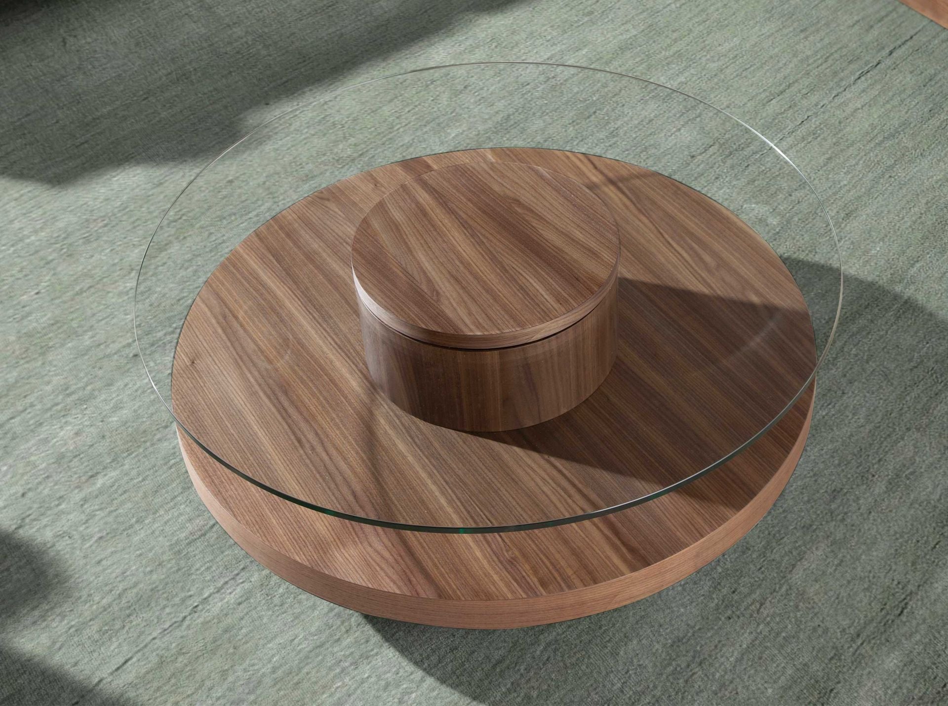 Tavolino rotondo in vetro temperato e noce
