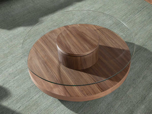 Tavolino rotondo in vetro temperato e noce