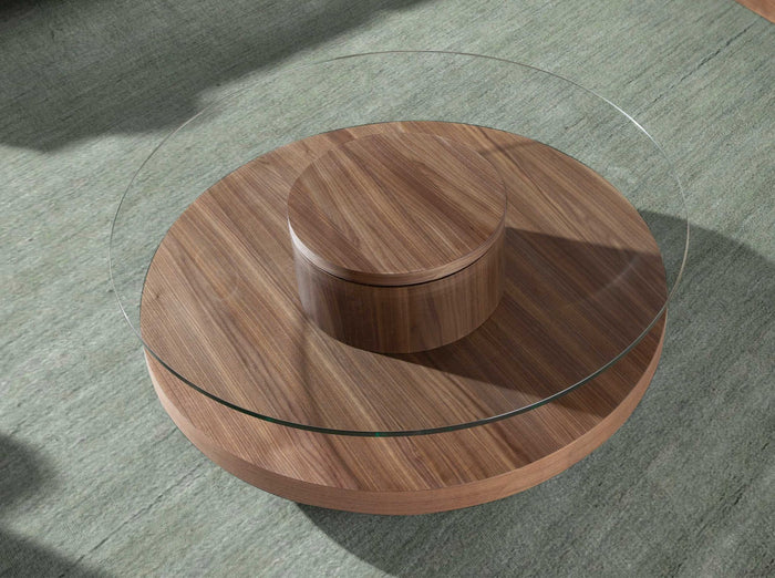 Tavolino rotondo in vetro temperato e noce