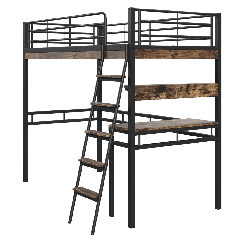 Letto a soppalco 90x200 cm con scrivania; scaffali e scala in metallo e MDF nero