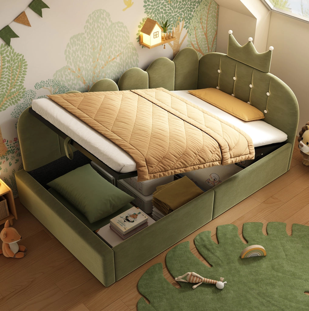 Letto daybed 90x190 cm in velluto verde con contenitore idraulico