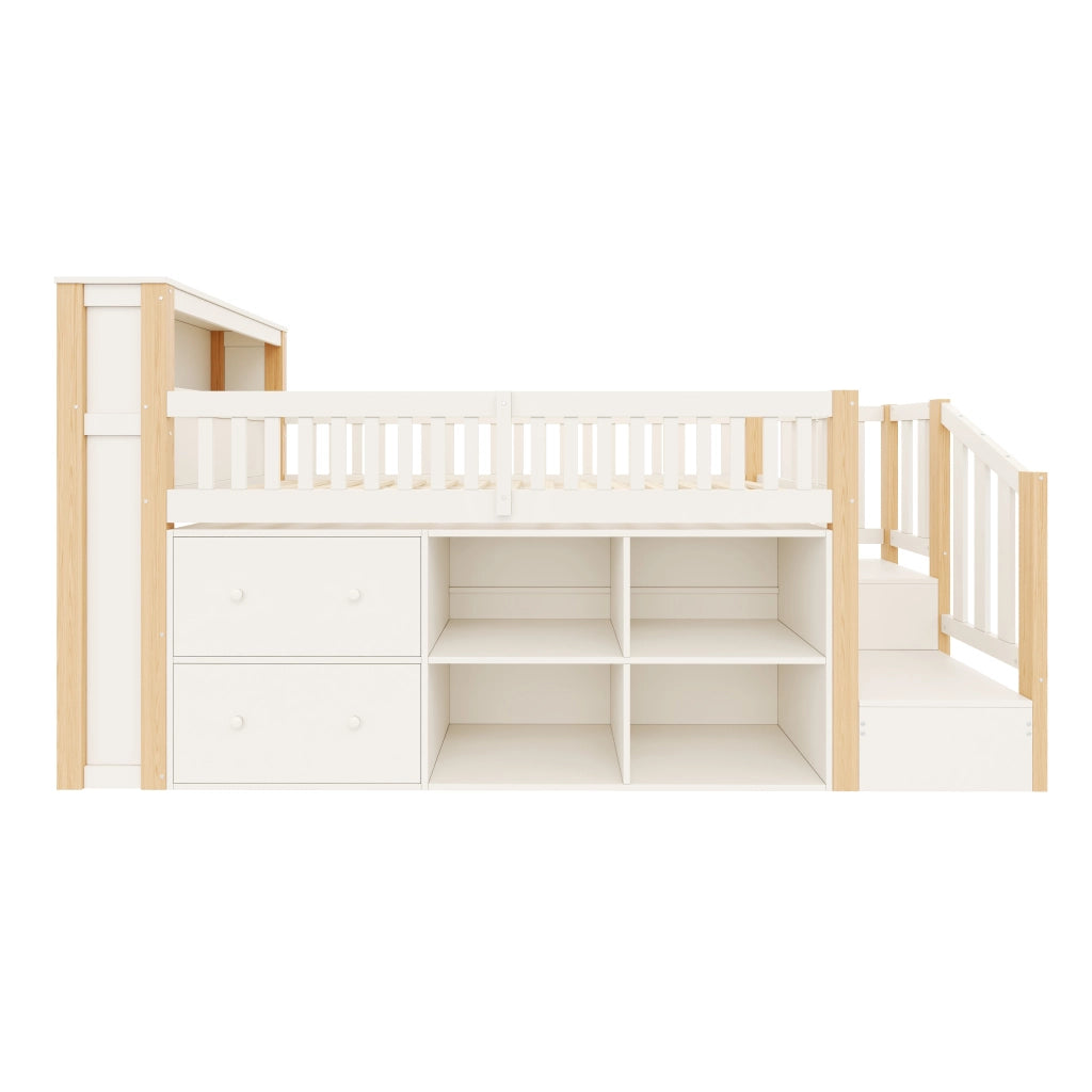 Letto a soppalco singolo 90×200 cm con cassetti; ripiani; scala; LED; USB e Type-C; senza materasso; naturale