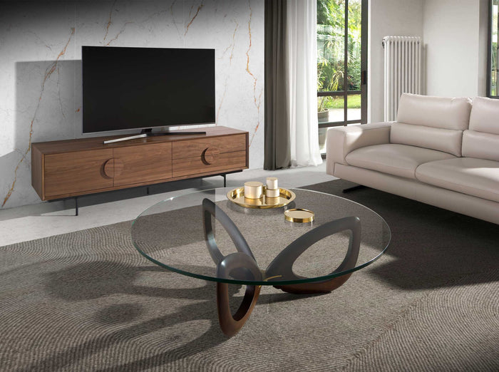 Tavolino rotondo in vetro temperato e noce