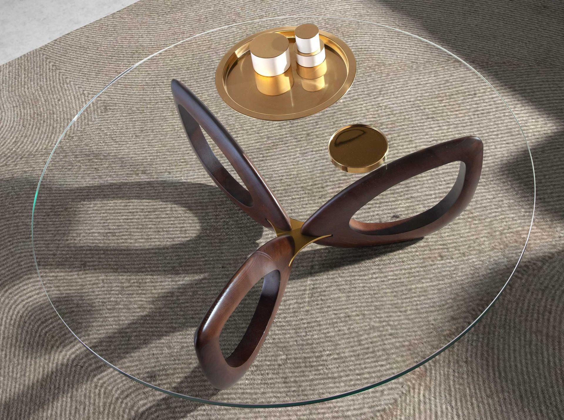 Tavolino rotondo in vetro temperato e noce