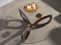 Tavolino rotondo in vetro temperato e noce