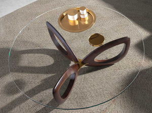 Tavolino rotondo in vetro temperato e noce