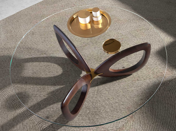 Tavolino rotondo in vetro temperato e noce