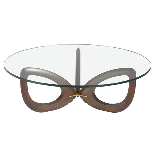 Tavolino rotondo in vetro temperato e noce