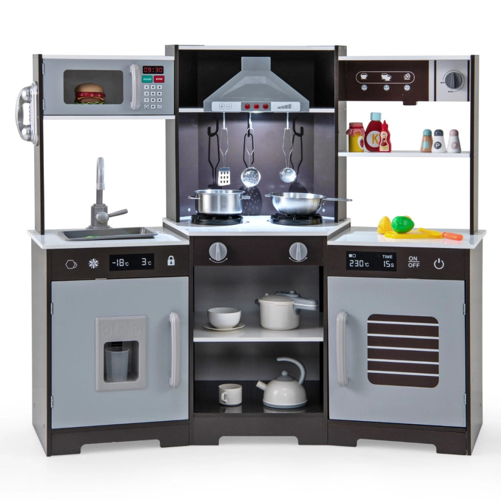 Set di giocattoli in legno con cappa macchina del ghiaccio lavello rubinetto-Cucina da gioco per bambini 3+ anni Marrone