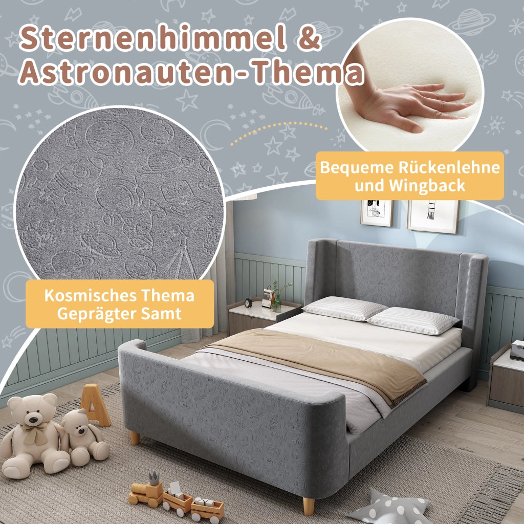 LETTO Bambini a slitta 90x200 cm in velluto grigio con motivo spaziale