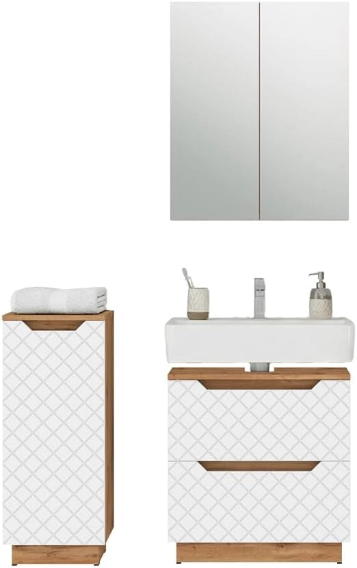 Set di mobili da bagno Lotta, Rovere/bianco con struttura in piastrelle, 3 parti