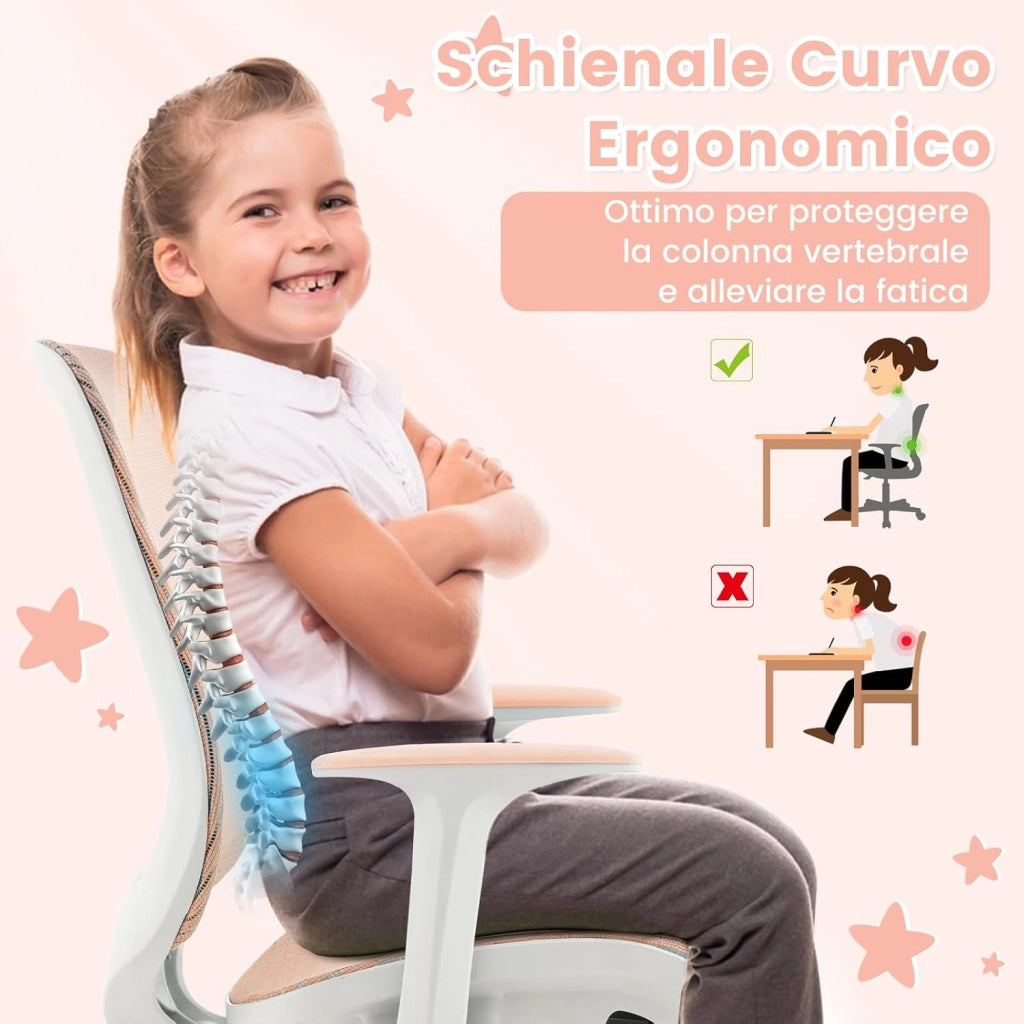 Sedia da Scrivania Girevole per Bambini (Rosa, Rullo di Pressione) | con Altezza Regolabile, 5 Ruote, Braccioli Morbidi, Mobile Ergonomica per Bambini 6-15 Anni