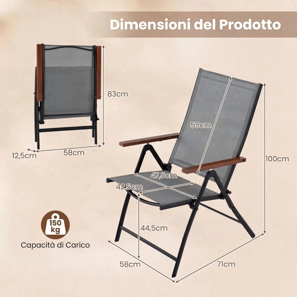Set di 2/4 Sedie da Giardino Pieghevole, Struttura in Metallo, Poltrona in Tessuto Traspirante, Schienale Regolabile, per Balcone, Giardino, Terrazzo, Portata 150 kg (2,Grigio)