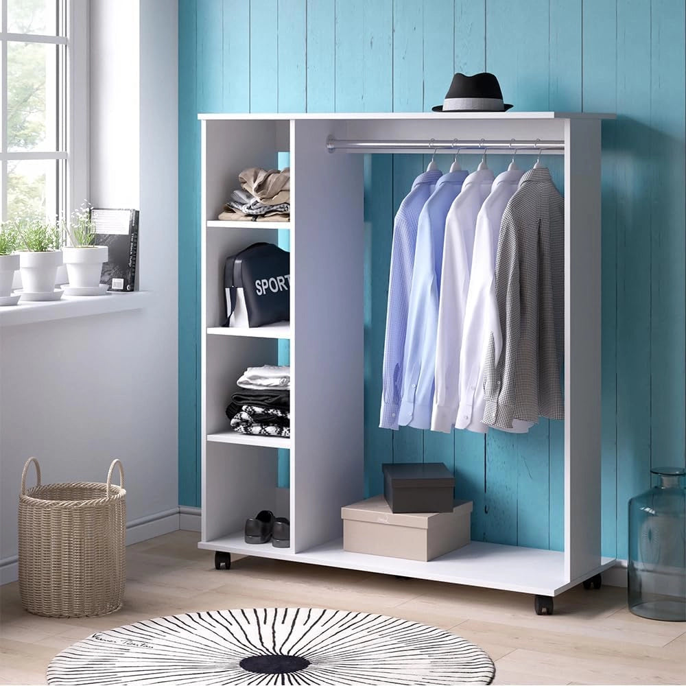 Armadio da ingresso Cosmo, Bianco, 110 x 129.4 cm, con ripiani aperti e ruote per un utilizzo flessibile