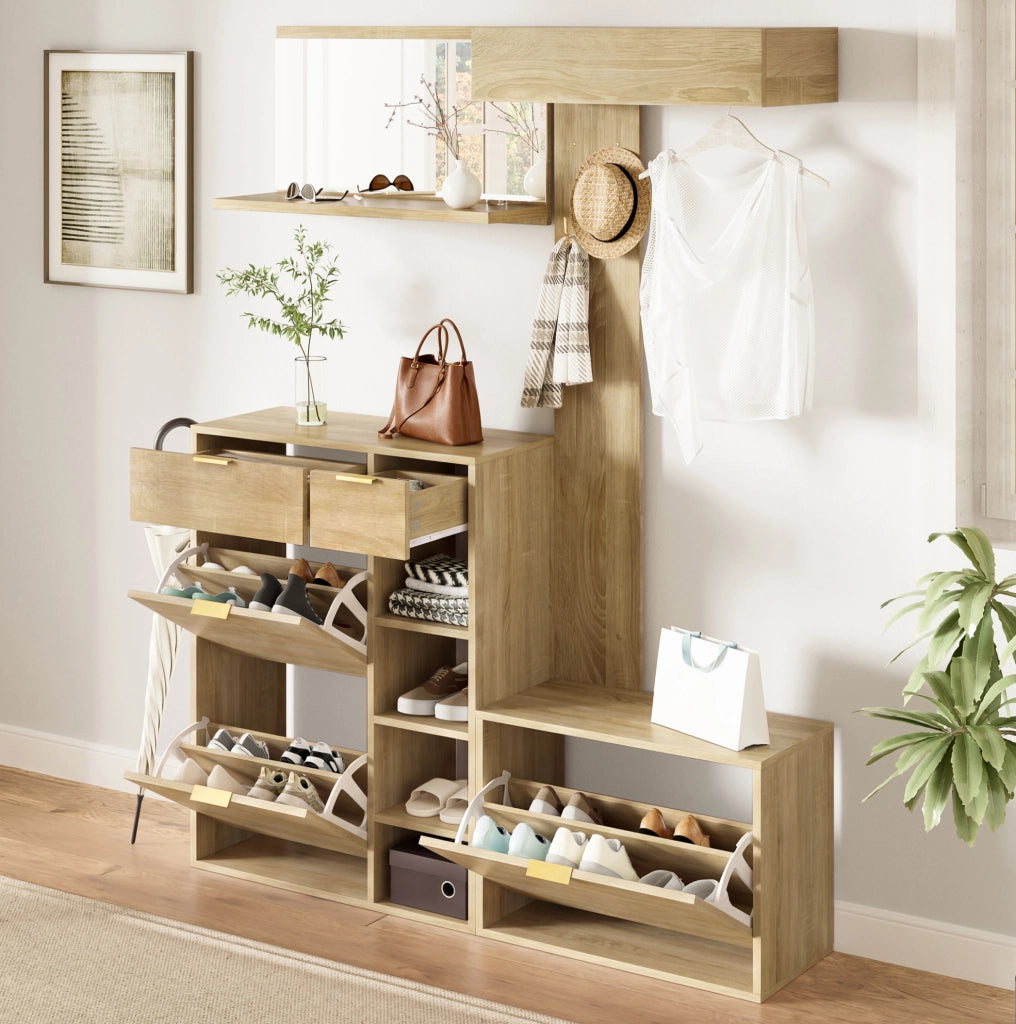 Set ingresso ULEVR 4 pezzi 130x30x174 cm con scarpiera, panca, specchio e pannello appendiabiti, naturale