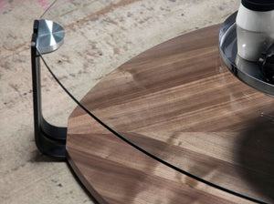 Tavolino triangolare in vetro temperato, acciaio nero e noce