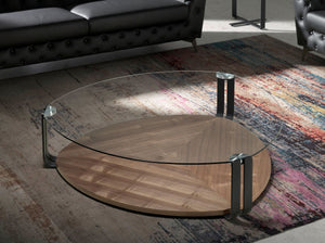 Tavolino triangolare in vetro temperato, acciaio nero e noce