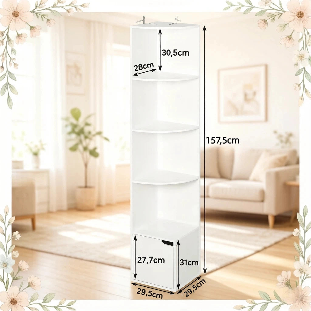 Scaffale angolare con anta bianco a 5 ripiani aperti, libreria salvaspazio in legno E1 29,5x157,5 cm