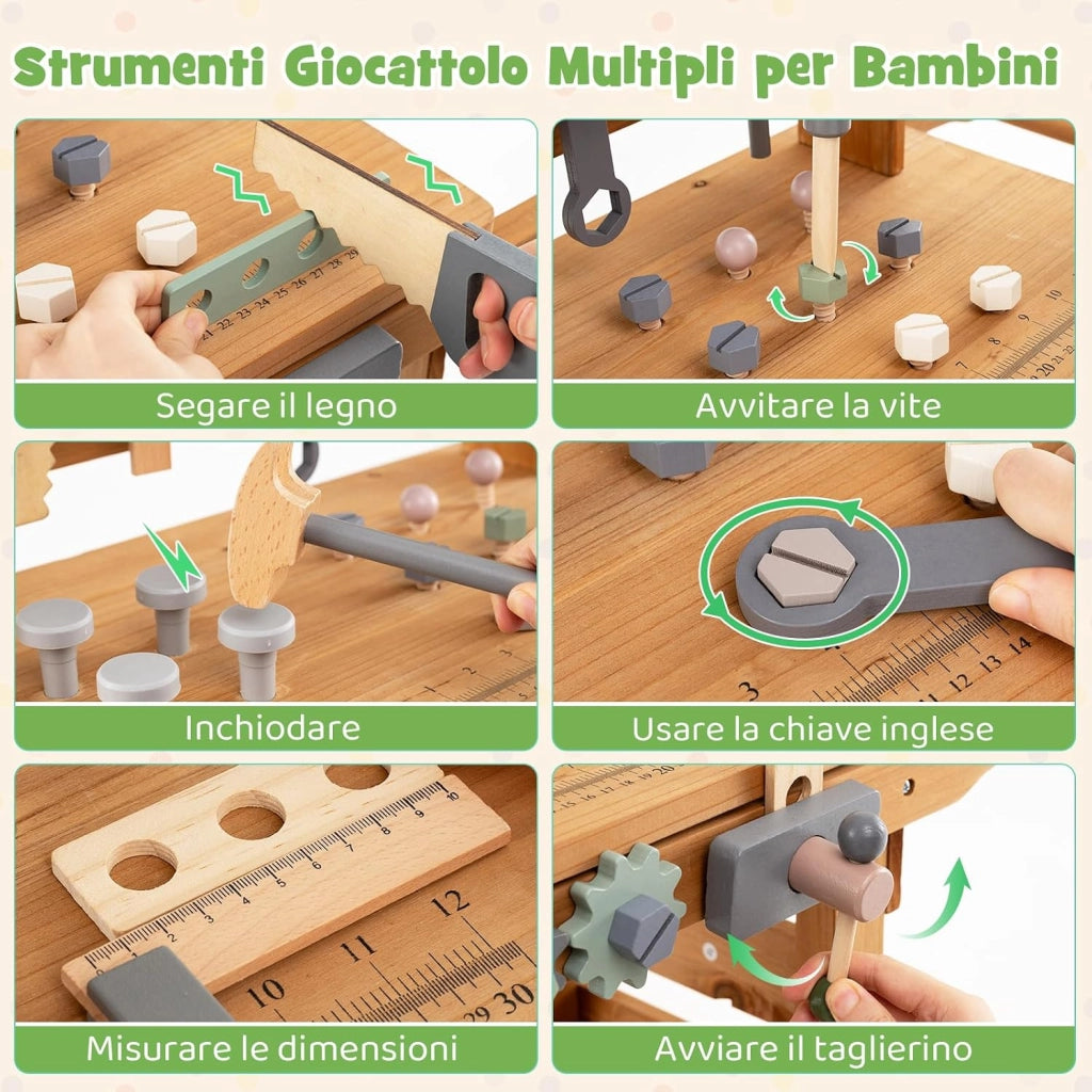 Banco da Lavoro in Legno per Bambini, Carrello 2 in 1 con Accessori Realistici, Maniglia Portatile, Cappottina Superiore e Porta Attrezzi, Tavolo da Lavoro Giocattolo Officina 3+ Anni