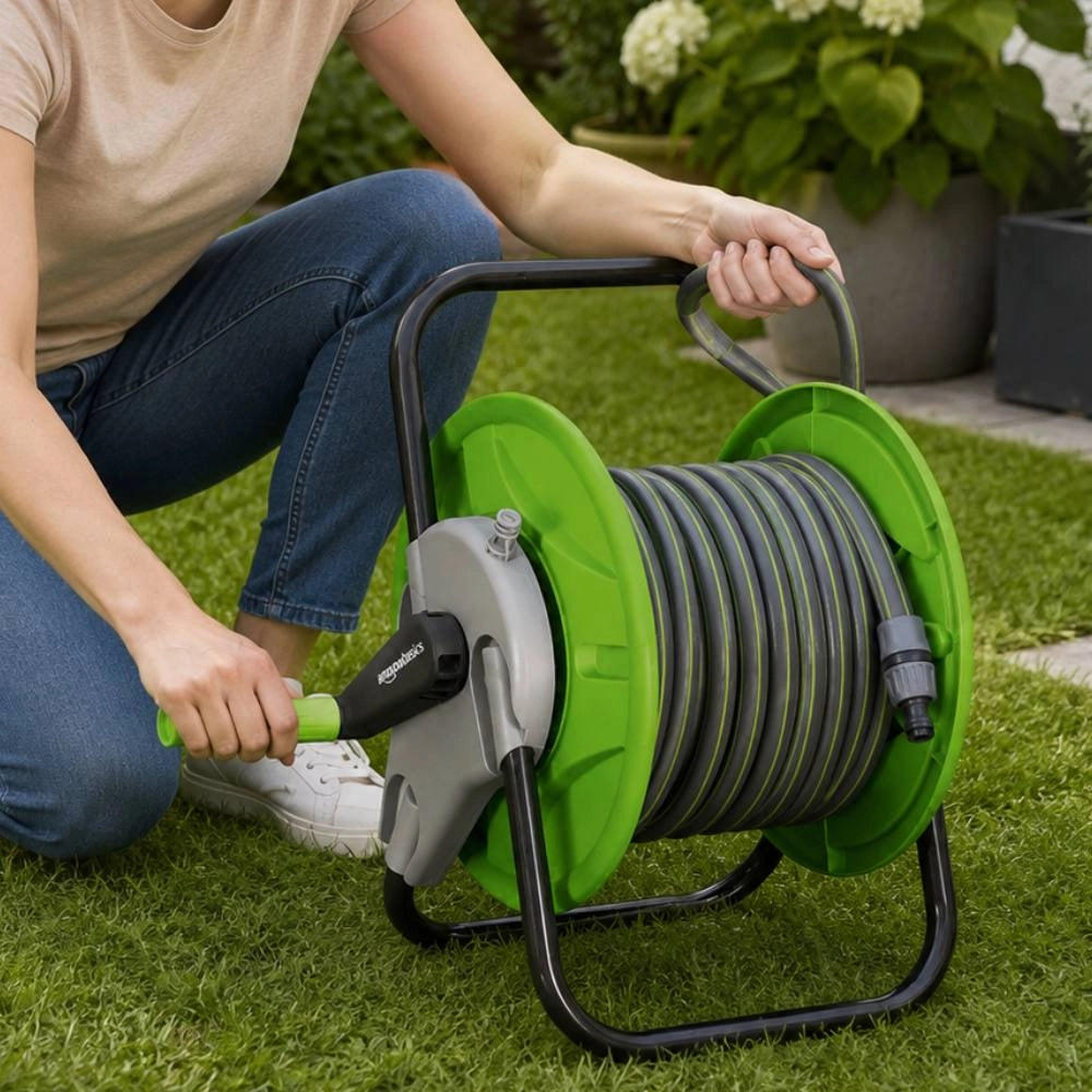 Carrello avvolgitubo in acciaio zincato per giardini funzionali