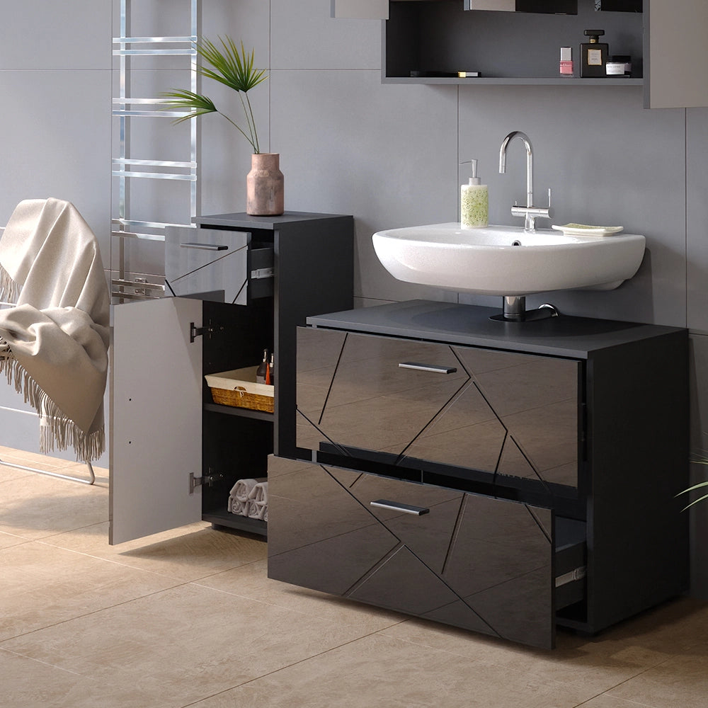 Vicco Set mobili bagno Antracite lucido 3 parti, con cassettiera e mobile midi