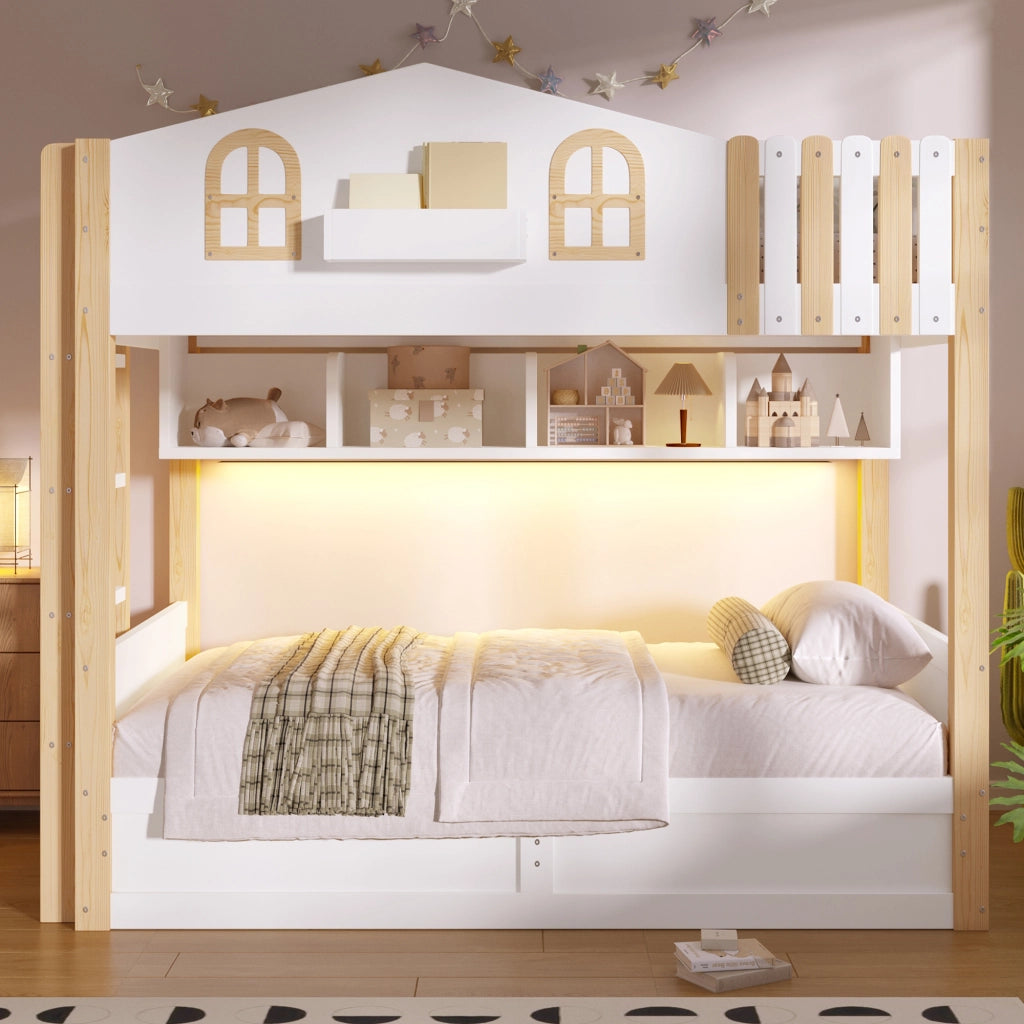 LETTO A CASTELLO 90x200 cm in pino massello e MDF, design casetta, bianco/naturale
