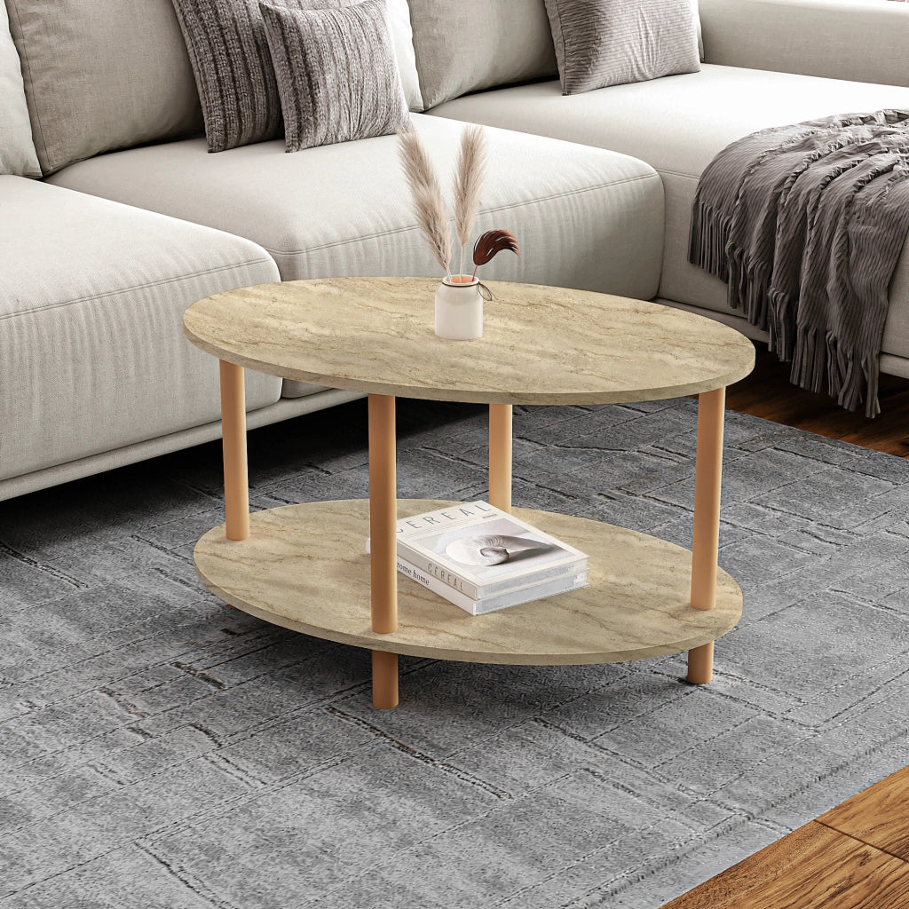 Tavolino Basso da Salotto 'Højreby' con Gambe in Legno e Piano Ovale - Travertino [en.casa]