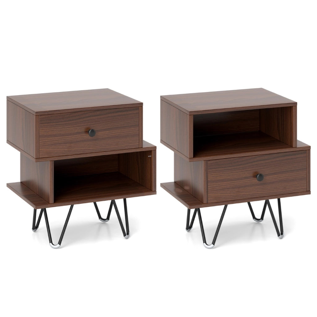 Set di comodini a 2 pezzi con cassetto rimovibile, Tavolini laterali con scomparto aperto e gambe in metallo Noce-Comodini