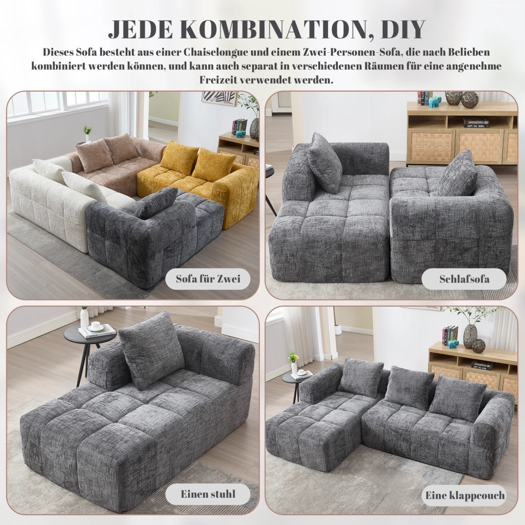 OKWISH Divano Angolare 3 Posti Modulare, con Chaise Longue, Tasche Laterali e 3 Cuscini, Ciniglia, Grigio