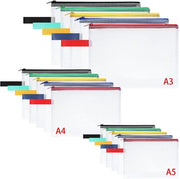 Documenti A3+A4+A5, 15 borse documentali con cerniera, sacchetto impermeabile in rete di plastica con cerniera per documenti, carta, documenti, cosmetici, compiti e accessori di viaggio
