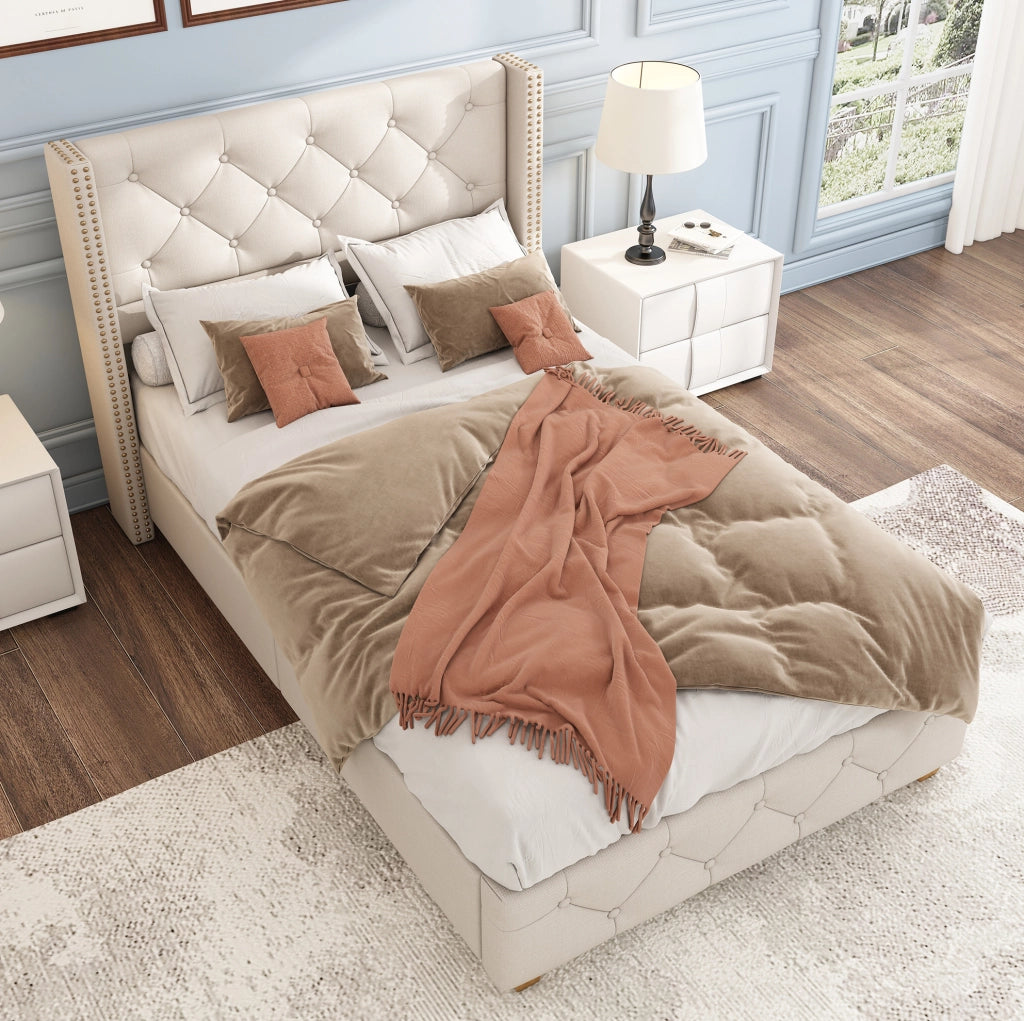 Letto singolo imbottito in lino beige 90x200 cm