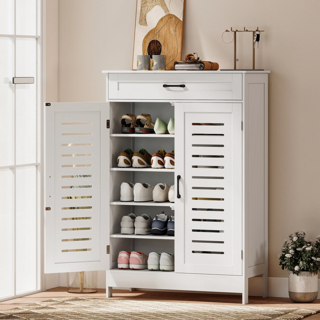Scarpiera con ante a persiane, cassetto e ripiani regolabili ¨C Zephmum ¨C Bianco 40x85x30